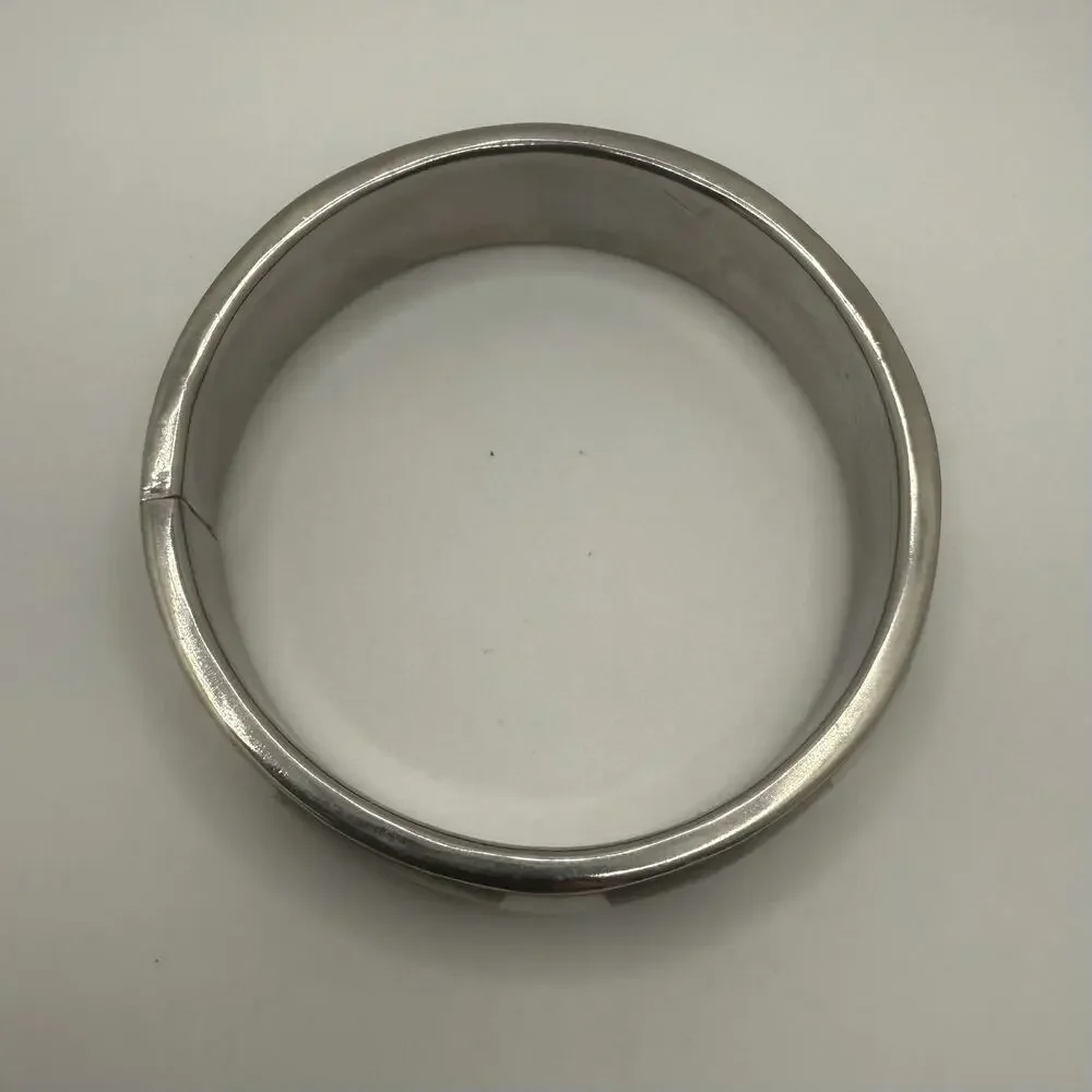 Two Silver Tone Bracelets Mother of Pearl Bangle 7.75” Glass Stone Tennis 7.5” - Picture 2 of 9